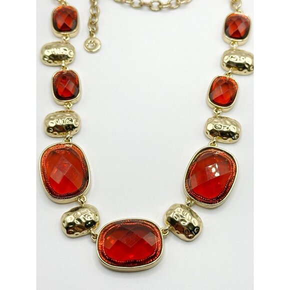 Swarovski Swan Lucite/Acrylic Red Amber Cabochons Hammered Links Necklace - Picture 1 of 5
